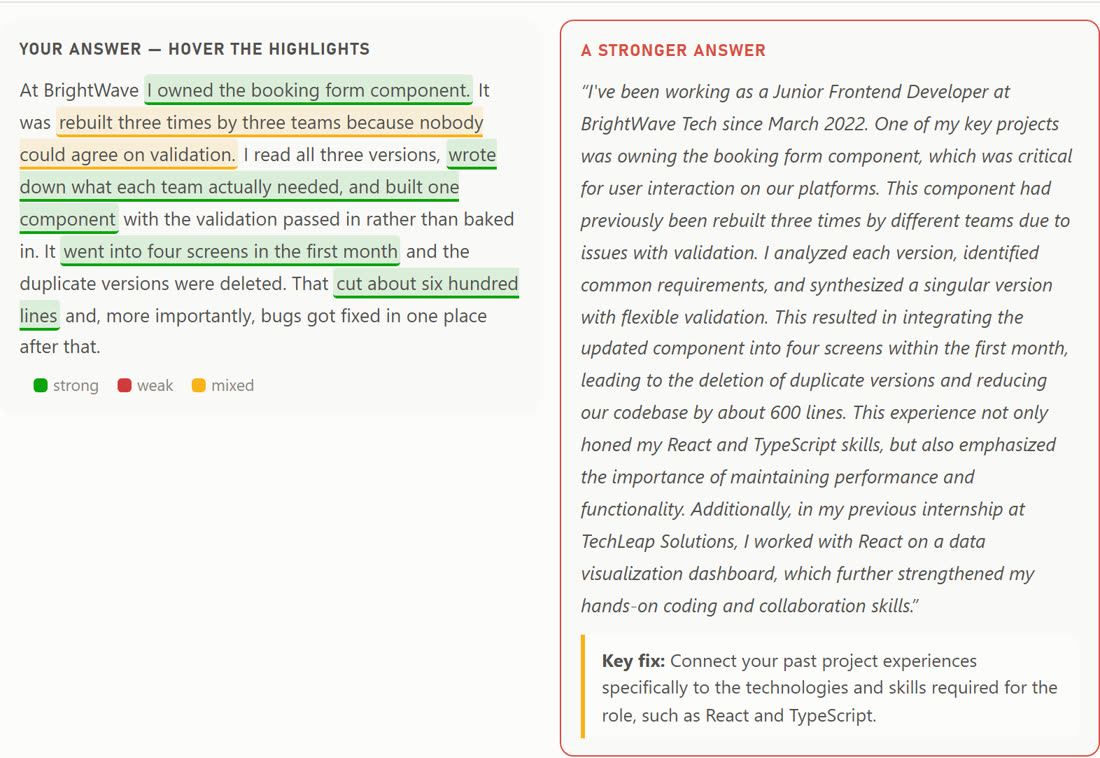 An annotated answer beside a stronger one
